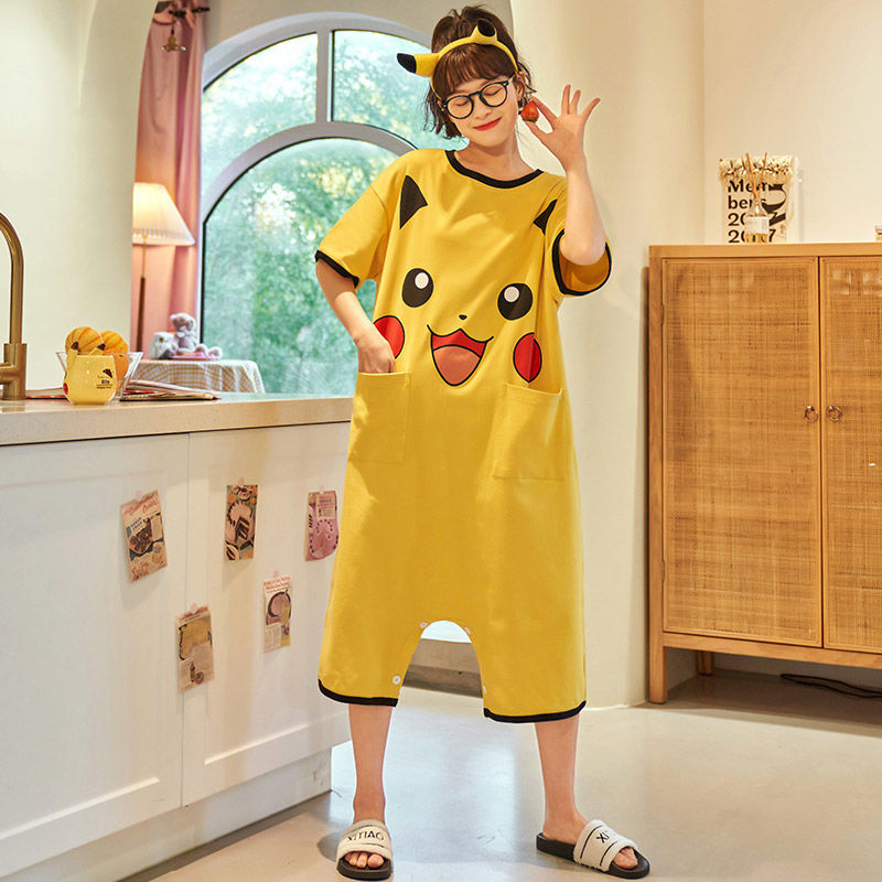 Bộ đồ ngủ liền thân vải cotton ngắn tay dáng rộng dài tới đầu gối hình Pikachu dễ thương phù hợp cho bà bầu