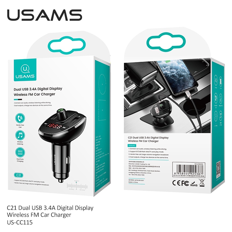 Tẩu sạc nhanh ô tô C21 FM Kết Nối Bluetooth 5.0 Hai Cổng USB 3.4A Rảnh Tay Dùng Trong Xe Hơ Thiết Bị Phát Són