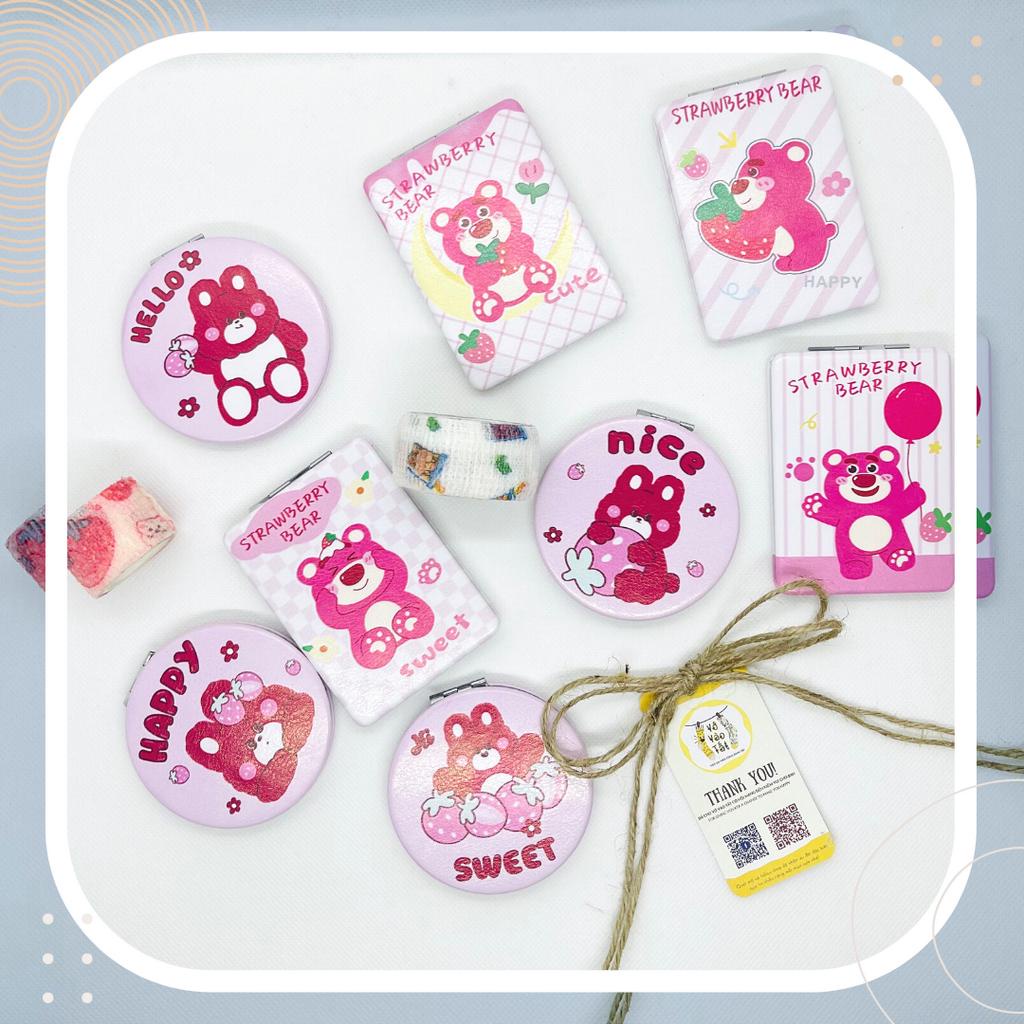 GƯƠNG MINI 2 MẶT DA PU GẤP GỌN HÌNH GẤU DÂU HỒNG LOTSO
