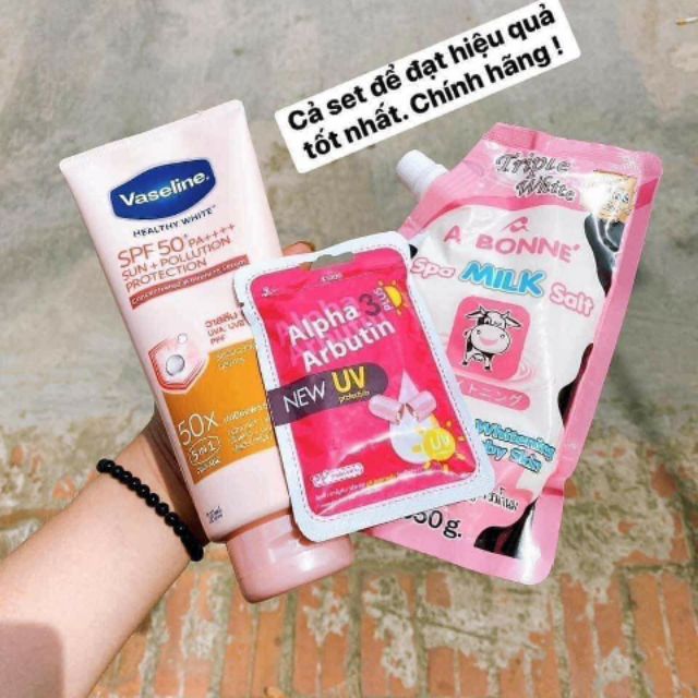 Combo dưỡng trắng da toàn thân - Vaseline 50x và muối tắm bò Spa Milk Salt