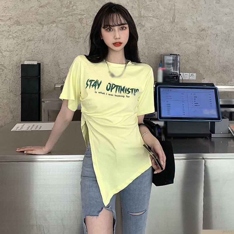Áo thun ngắn tay cổ tròn in chữ phong cách hàn quốc dành cho nữ