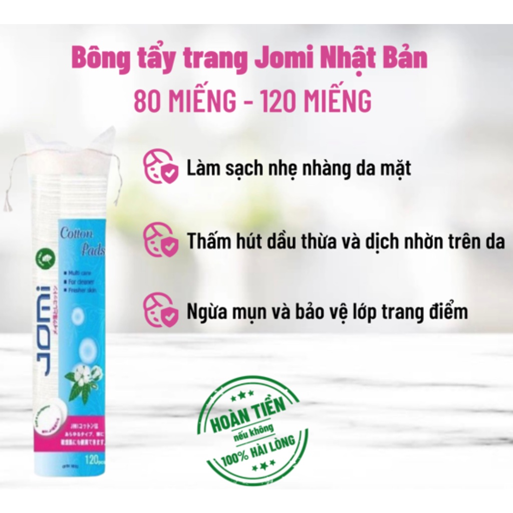 Bông Tẩy Trang Cao Cấp JOMI Nhật Bản: 100% cotton thiên nhiên, Không xơ bông, Siêu tiết kiệm dung dịch.
