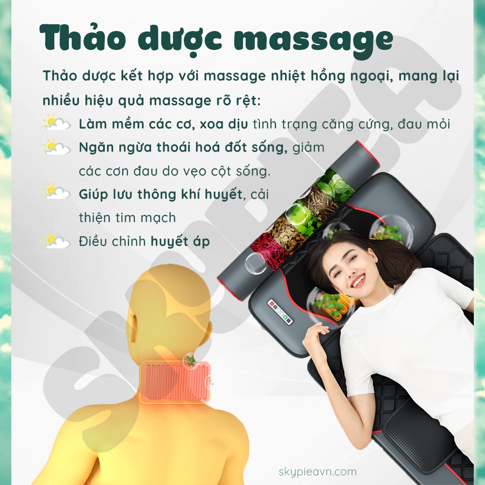 Đệm Massage Toàn Thân Hồng Ngoại Da PU - CHÍNH HÃNG SKYPIEA - Model SK 2214 - Mát Xa Cổ, Vai, Gáy Thảo Dược