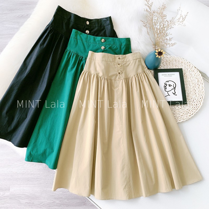 Chân Váy Dài Hàn Quốc Thiết Kế Xòe Nhún Trước Vintage - MẪU MỚI