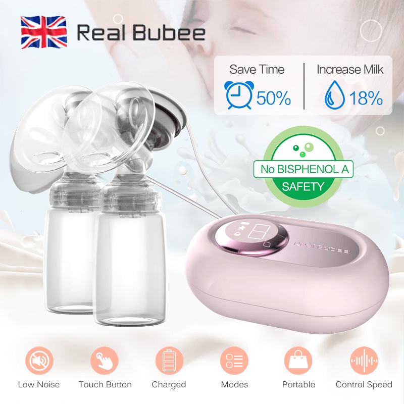 Máy hút sữa điện đôi Real Bubee có pin sạc chính hãng, 2 chức năng có chế độ tự động, bảo hành 12 tháng.