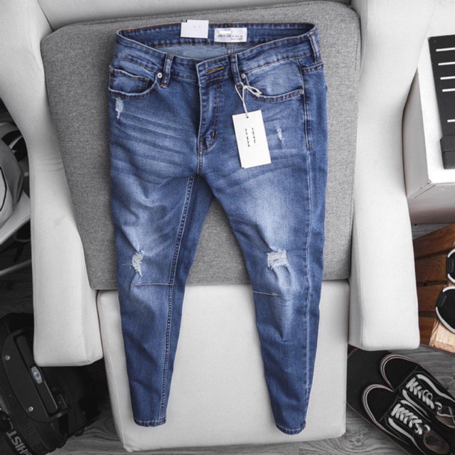 Quần jean nam VNXK xuất xịn  ống côn - xanh xước Hải An Jeans