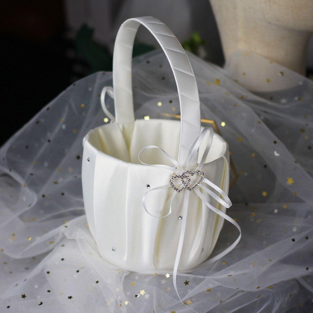 Giỏ Hoa Mini Bằng Vải Satin Màu Trắng Đính Nơ Đôi Trang Trí Tiệc Cưới