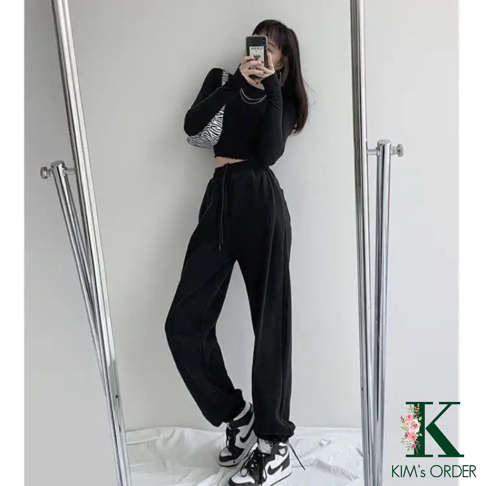 Quần nỉ jogger ống boom suông bo gấu màu đen xám cạp chun mông trái tim thể thao năng động sport phong cách Ulzzang