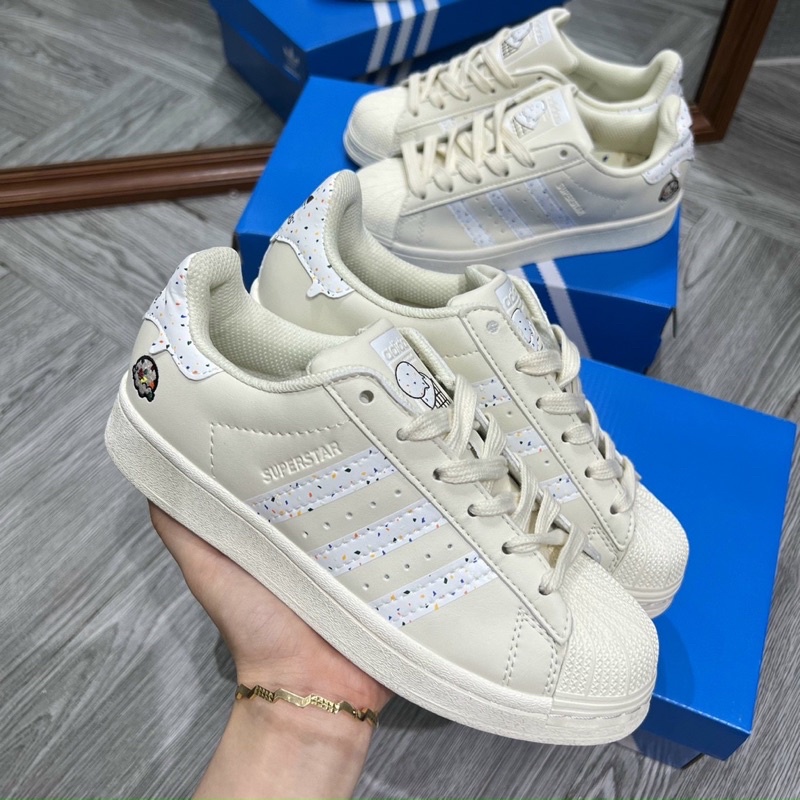 Giày thể thao nam nữ CT adidas Superstar kem mũi sò candy, giày das 3 sọc trắng kem S cấp full hộp