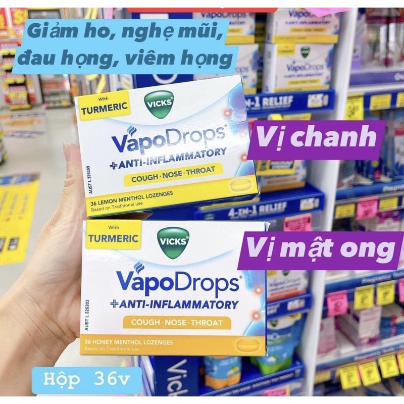 Kẹo ngậm 36 viên, hỗ trợ giảm h.o-đau họng vị mật ong, chanh Úc - Vivk Vicks VapoDrops + Anti-Inflammatory Lemon, honey