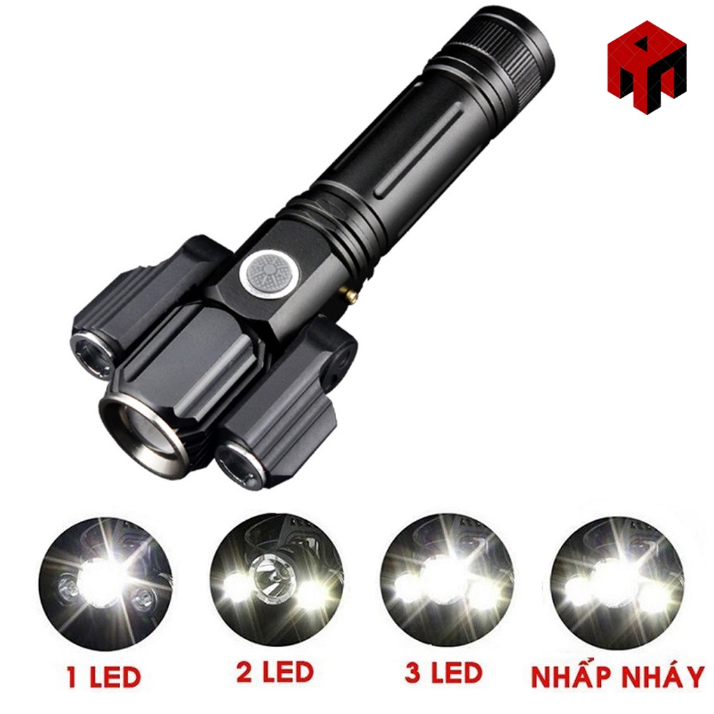 🔴HOT 2022>> Đèn Pin Cầm Tay Chống Trộm Siêu Sáng 3 Đầu Cao Cấp - Tặng Kèm Cáp, Củ Sạc & Pin.