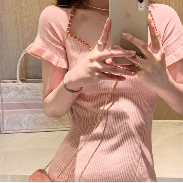 Đầm SUXI dệt kim ngắn tay màu sắc đơn giản thời trang hè cho nữ