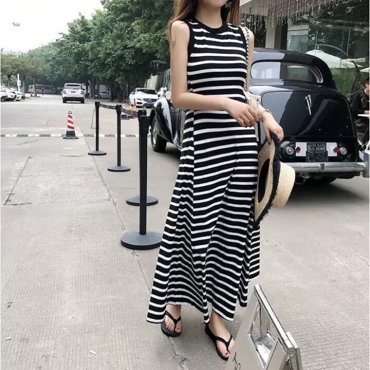 [TRỢ GIÁ] Đầm Maxi Thun Sọc Viền Bo, Đầm Maxi