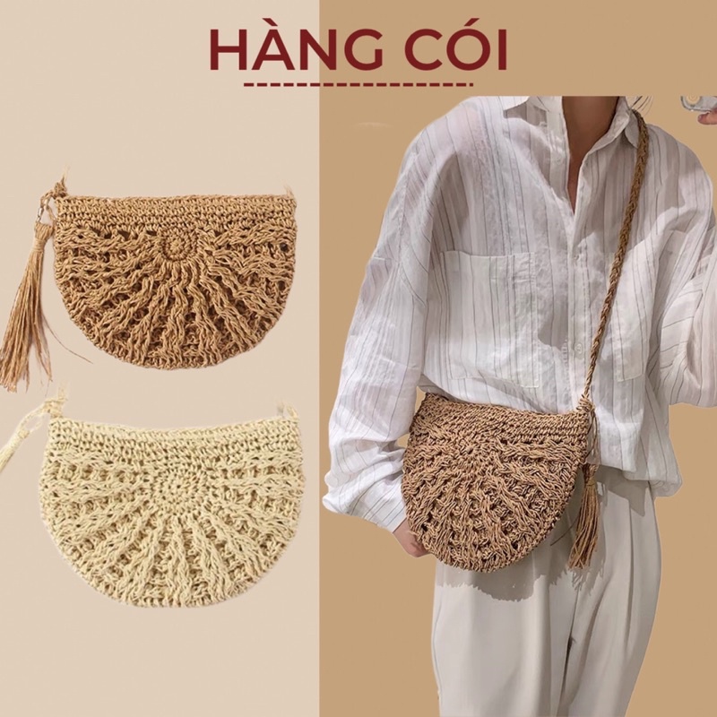 Túi cói bán nguyệt đi biển đeo chéo, chụp ảnh ngoại cảnh cực xinh-Hàng Cói