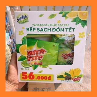 [ 4 món ] bộ dụng cụ rửa chén Scoth Brite 3M cao cấp quà tặng từ Sunlight - găng tay và miếng rửa chén cao cấp
