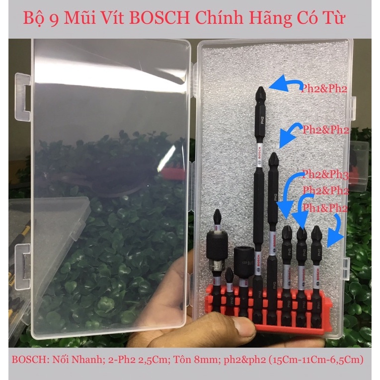 Bộ 9 Mũi Vít BOSCH 2 Đầu Đuôi Ngắn Chính Hãng Có Từ