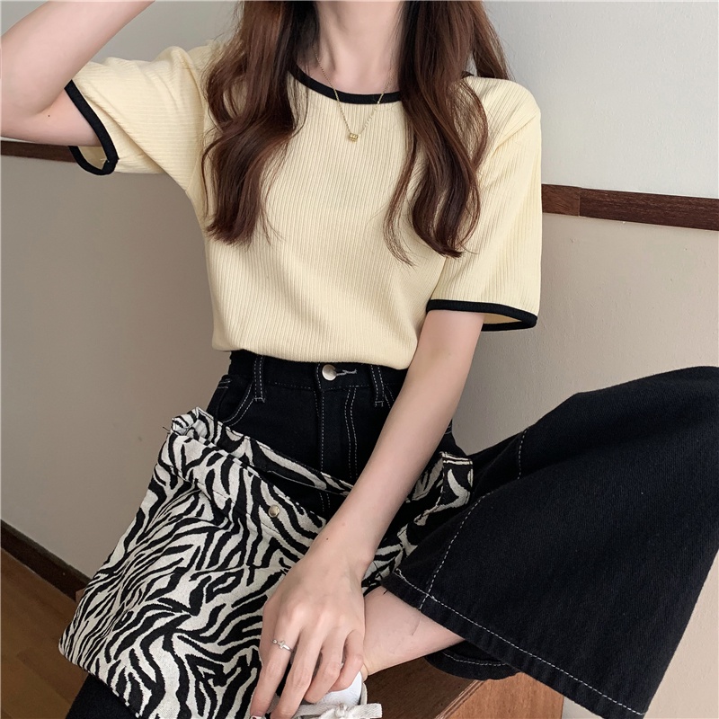 Áo Thun Dệt Kim Tay Ngắn Cổ Tròn Dáng Rộng Phong Cách Hàn Quốc Thời Trang Mùa Hè Cho Nữ