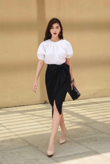 Áo cotton lụa trắng tay phồng -HBSM762