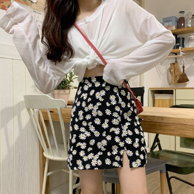 Chân váy dáng chữ A họa tiết hoa cúc thiết kế xẻ tà thời trang mùa hè dành cho nữ 200605