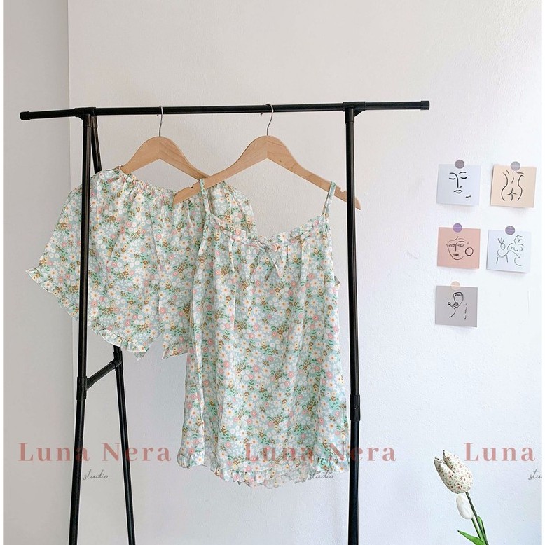 [TẶNG GƯƠNG CẦM TAY] Set đồ ngủ 2 dây hoa nhí viền bèo áo nhún ngực | Ảnh thật 100% ♡ | BigBuy360 - bigbuy360.vn