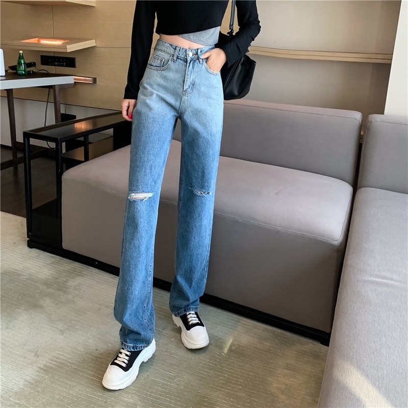 Quần Jeans Nữ Dài Lưng Cao Mài Rách Thời Trang Thu Đông 2020