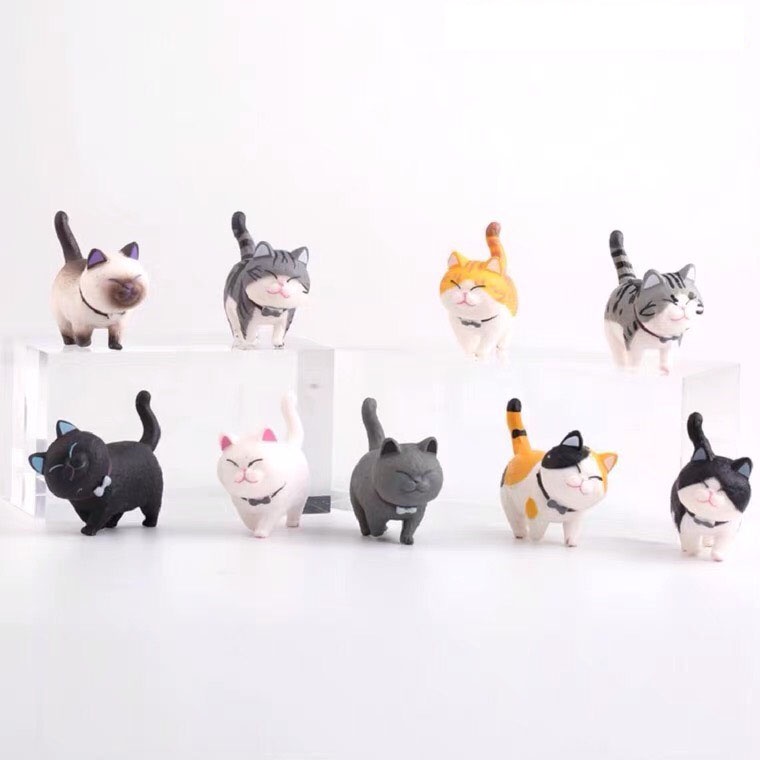 Set 9 mô hình mèo Munchkin đi bộ đeo chuông nhiều màu sắc dễ thương cute để bàn trang trí góc làm việc full bộ  - Rap
