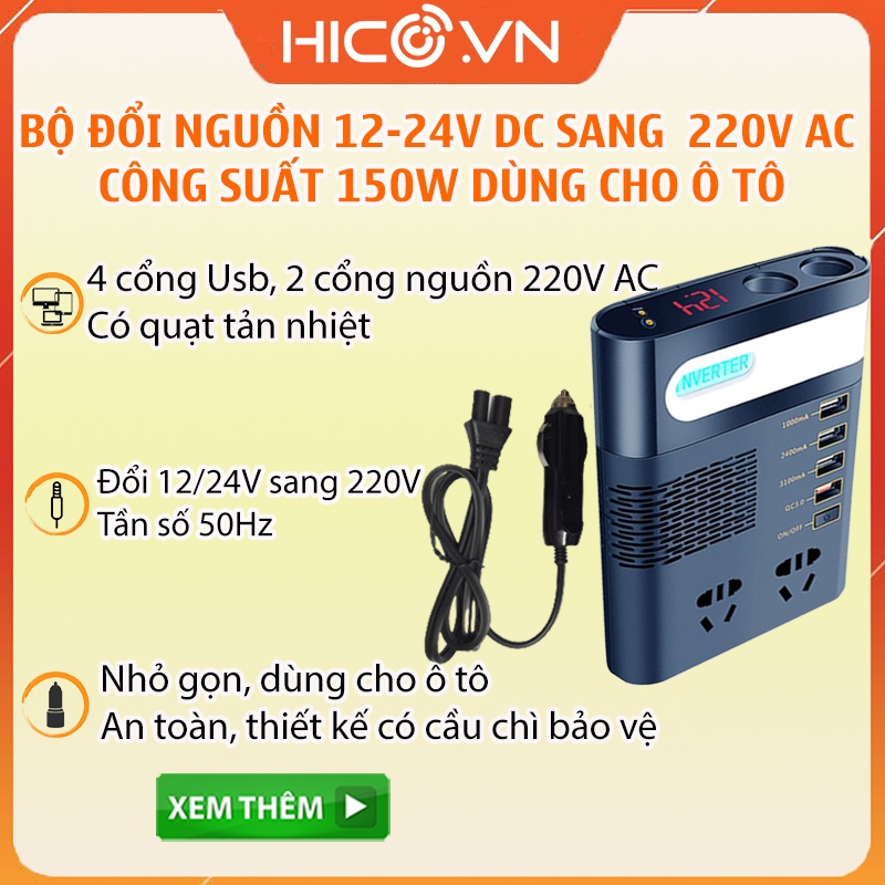 Bộ chuyển đổi nguồn 12V-24V Sang 220V Dành Cho Ô Tô 150W Ci01, hỗ trợ 4 cổng Usb, 2 cổng 220V, có cầu chì bảo vệ