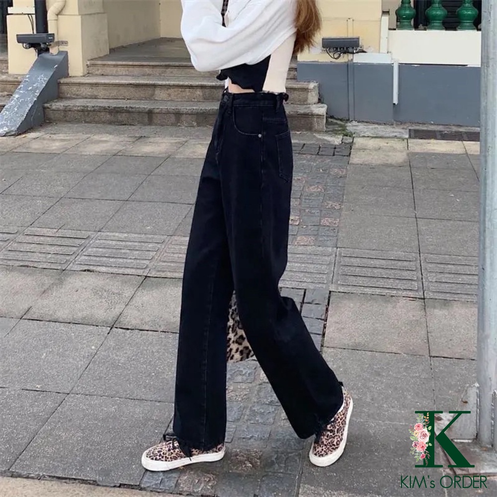 Quần jean nữ màu đen trơn ống suông basic Ulzzang cạp lưng cao đi học đi làm đi chơi chất co dãn nhẹ loại 1