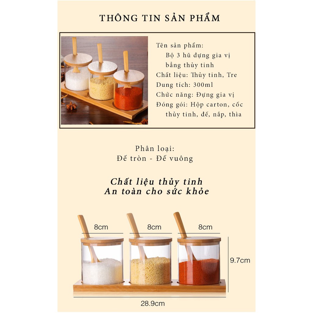 Bộ 3 Lọ đựng gia vị thủy tinh kèm đế gỗ cao cấp, hũ đựng gia vị kèm thìa tiện lợi FAMAHA