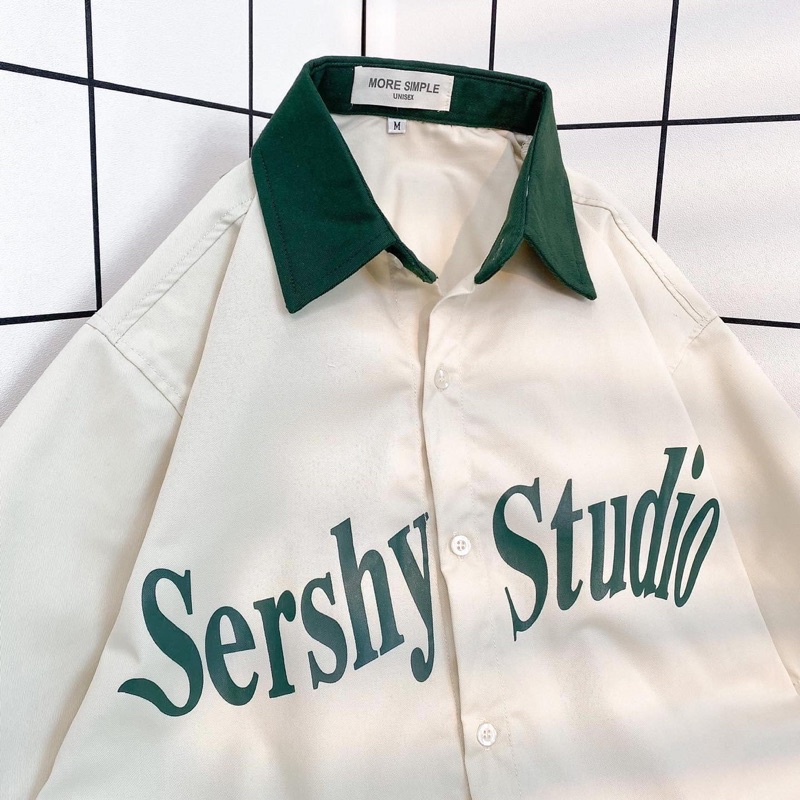Sơmi tay lỡ SERSHY màu XANH LÁ/KEM Nam nữ unisex  Áo Sơ Mi form rộng style Ulzzang/ JayStoree2