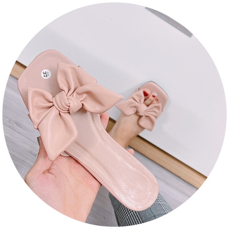 Dép nữ cao gót mũi vuông nơ 4 cánh da lì gót vuông 3cm