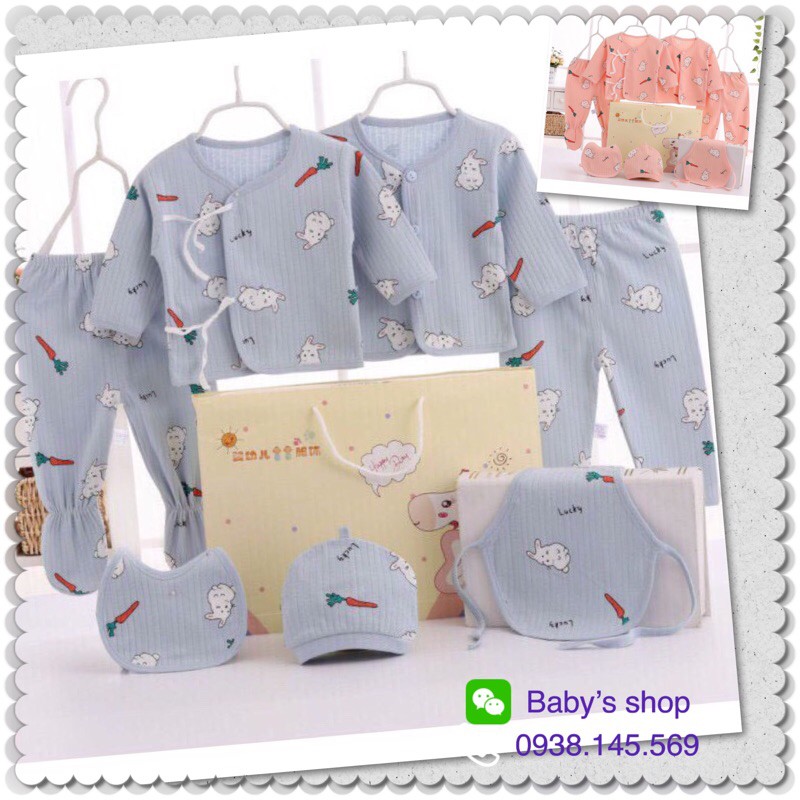 Set sơ sinh 7 chi tiết mẫu thỏ carot làm quà tặng cho bé.
