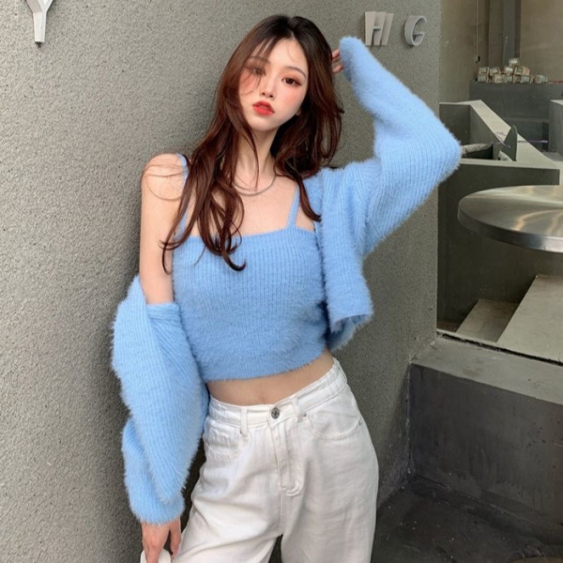 COZOK Set áo len dài tay cổ tròn + chân váy ngắn thời trang nữ