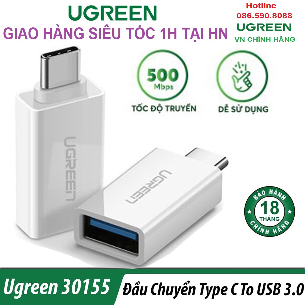 Đầu chuyển USB Type-C sang USB 3.0 Ugreen 30155 - Hàng chính hãng Bảo Hành 18 tháng