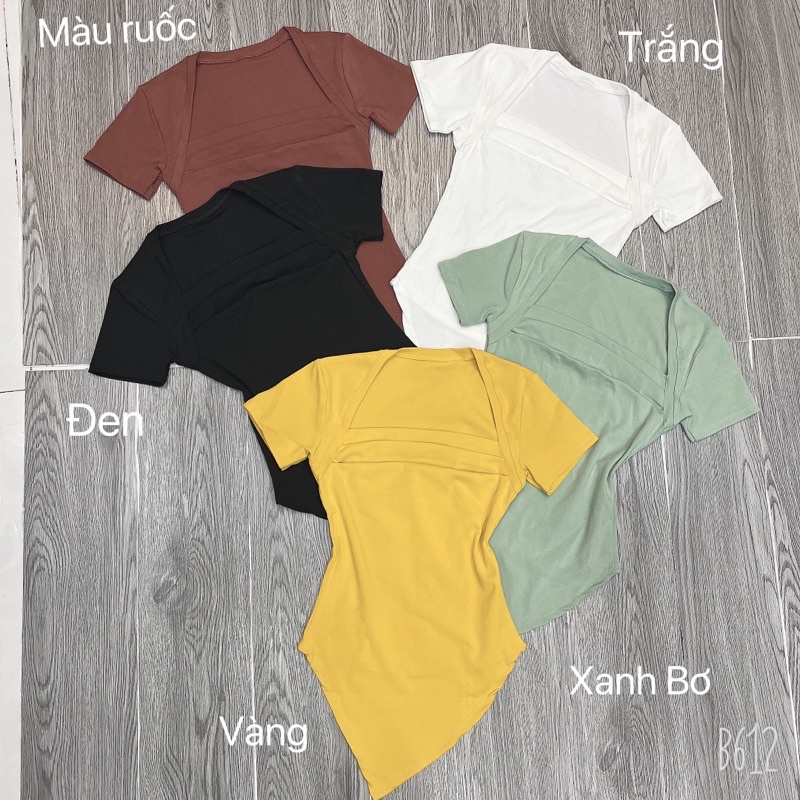 Áo thun body tay ngắn cổ vuông vạt nhọn xếp li ngực
