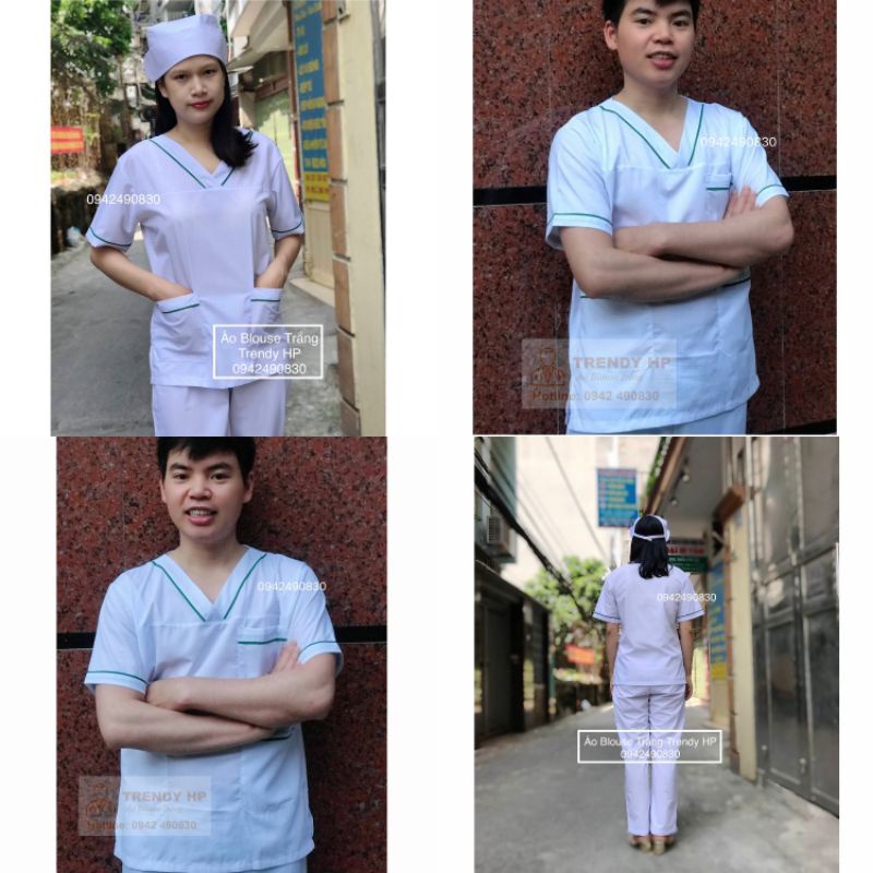 Bộ quần áo cổ tim blouse trắng viền Xanh Lá nam nữ - áo scrubs dược sỹ, thẩm mỹ viện, spa, phòng khám