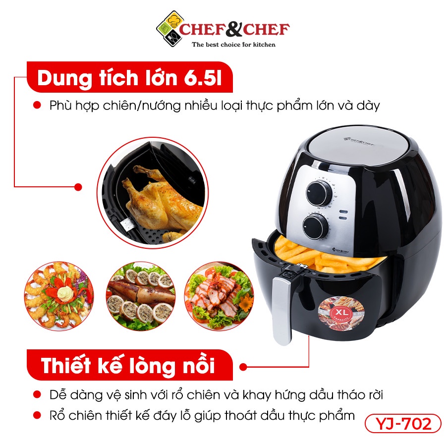 Nồi chiên không dầu CHEF&amp;CHEF 6,5l (YJ – 702) thiết kể mang kiểu dáng hiện đại, sang trọng với màu đen bắt mắt