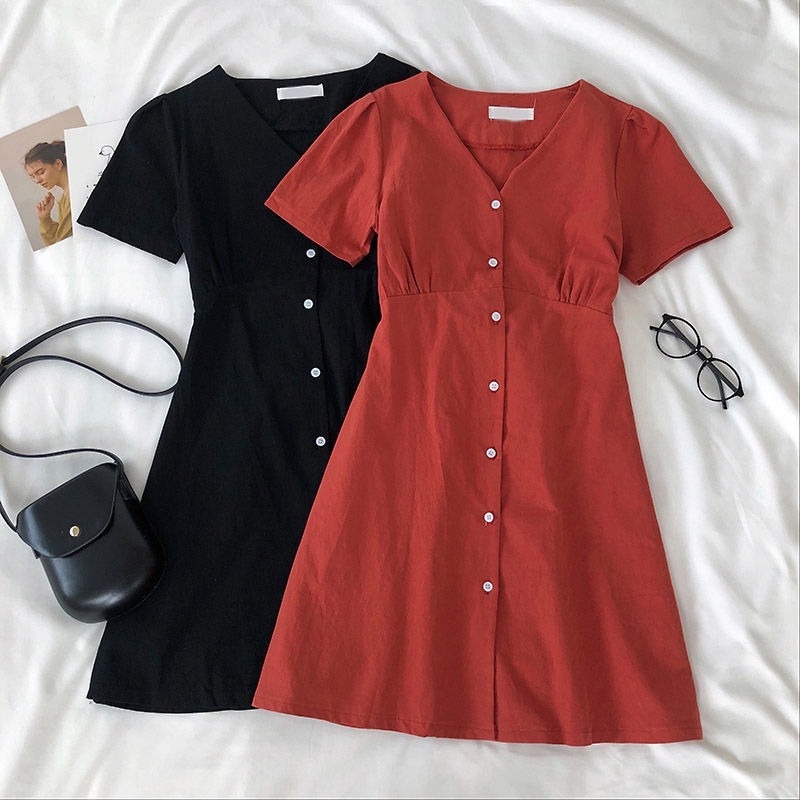 Đầm Tay Ngắn Cổ Chữ V Phong Cách Retro Hong Kong Thời Trang Mùa Hè Cho Nữ