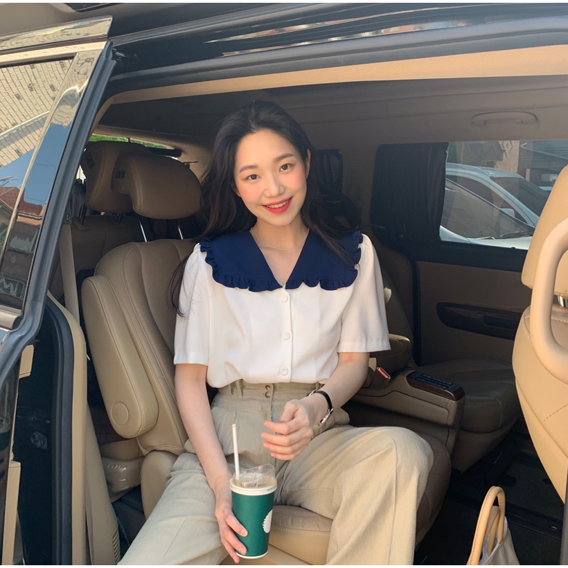 Áo kiểu tay ngắn cổ chữ V phong cách thanh lịch cho nữ 34249