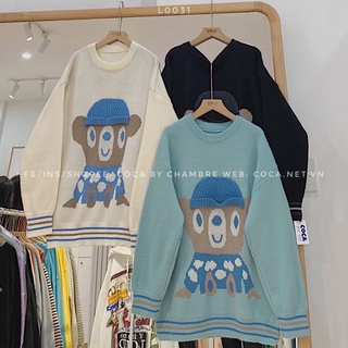 [L0031]🐻 Áo len chú gấu đội mũ phối viền sọc form rộng (Có sẵn/ảnh thật)