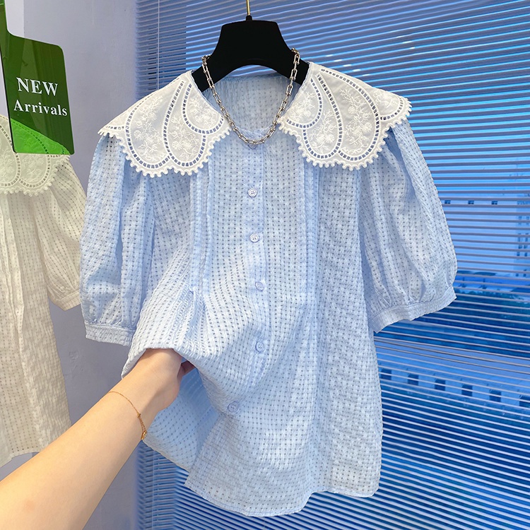 Áo Sơ Mi Tay Phồng Ngắn Cổ Búp Bê Kẻ Sọc Ca Rô Dễ Thương Cho Nữ  tao bao