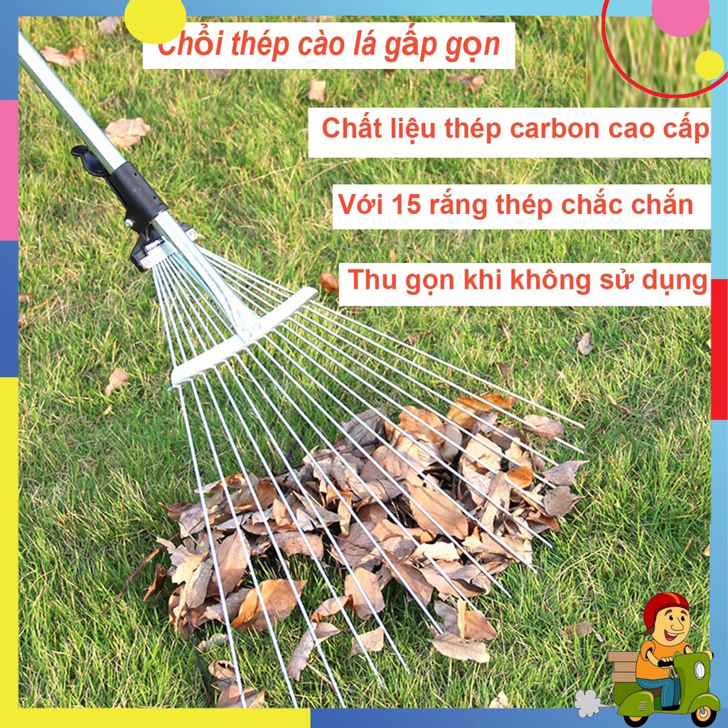 Cây Cào Cỏ, Chổi Thép Cào Lá Làm Vườn Gấp Gọn Có 15 Răng Đa Năng, Có Thể Điều Chỉnh Cao Thấp Và Độ Rộng Răng