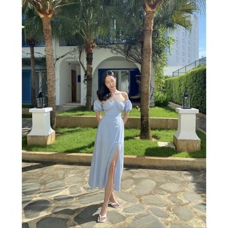 Đầm maxi xanh rớt vai dây cổ yếm cutout lưng