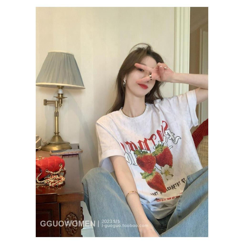 Áo Thun Cotton Dáng Rộng Ngắn Tay In Hình Dâu Tây Thời Trang Mùa Hè Cá Tính 62