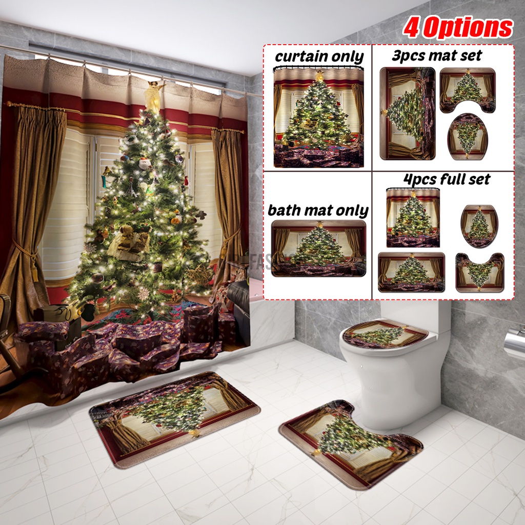 1/3/4PCS Merry Christmas Tree Shower Curtain Bath Pad Pedestal Rug Lid Toilet Cover Mat for Bathroom Christmas Decoration