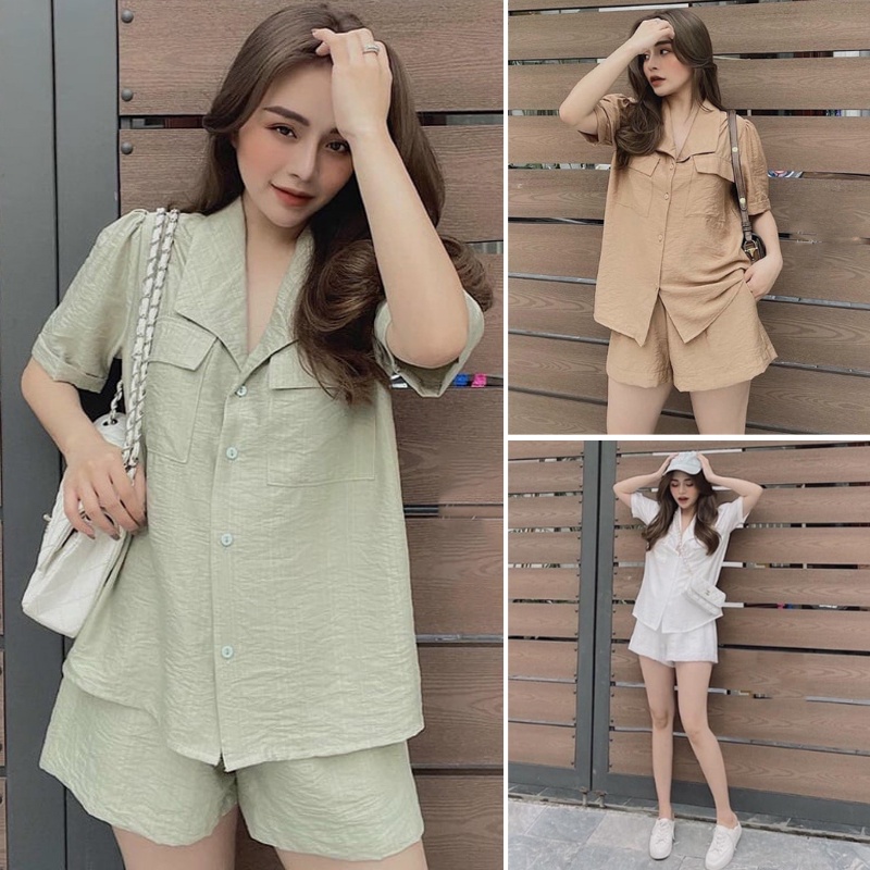 Set đồ bộ áo sơ mi và quần short chất tơ xước mát mẻ tạo cảm giác thoải mái freesize