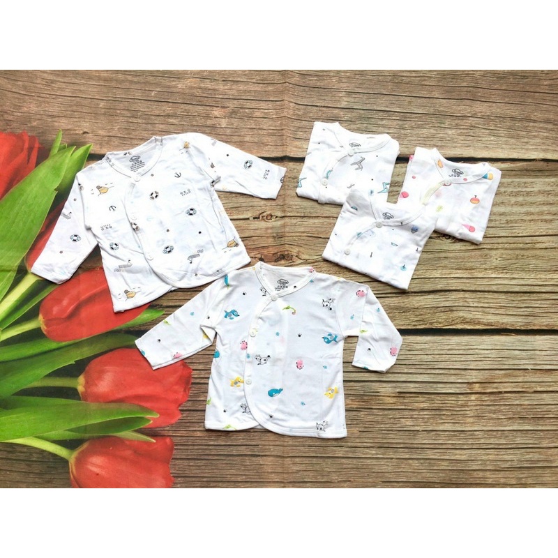 Áo Sơ Sinh dài Tay Cài Lệch Chất Cotton Siêu Mềm Mịn, Mát Cho Bé Trai, Bé Gái Sơ Sinh (Size 0-3M Đến 6-9M)