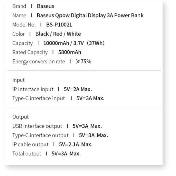 Pin Sạc Dự Phòng Baseus 10000mah Công Xuất 15W Power Bank Output 3A Tích Hợp Cáp Sạc Type C - TopLink