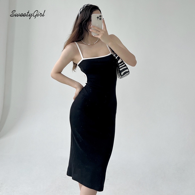 Đầm Maxi Ôm Dáng Không Tay Hở Vai Phối Màu Tương Phản Thời Trang 2022 Cho Nữ