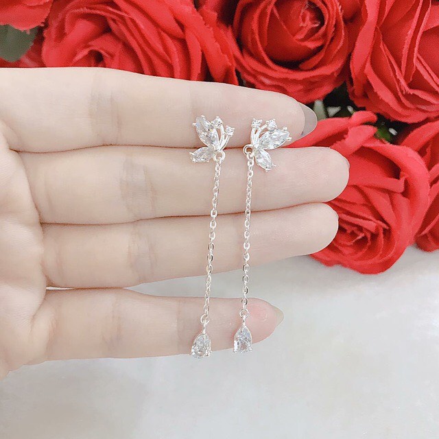 Bông tai nữ bạc ta cánh bướm đính đá dáng dài xinh xắn - Kho sỉ bạc Nhất Linh